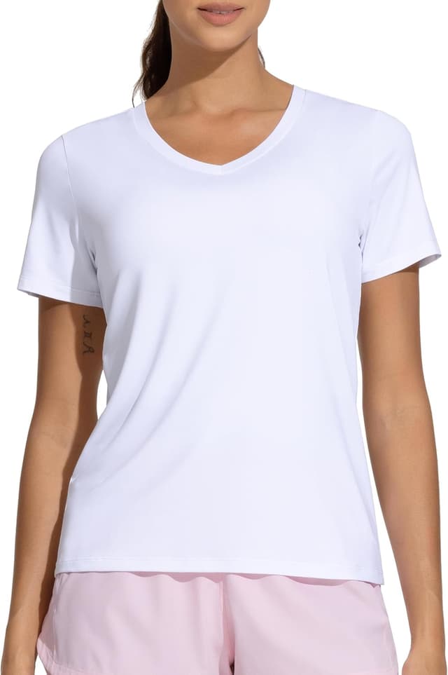 Detalle 2 de THE GYM PEOPLE Camicie da allenamento da donna con scollo a V e maniche corte traspiranti (base per yoga)