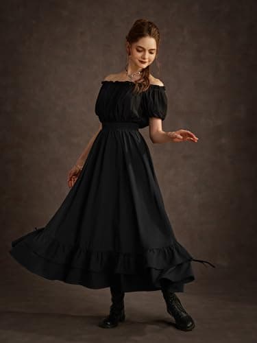 Detalle de SCARLET DARKNESS Jupe longue médiévale seampunk à taille haute, double couche à volants, noir (XXL)