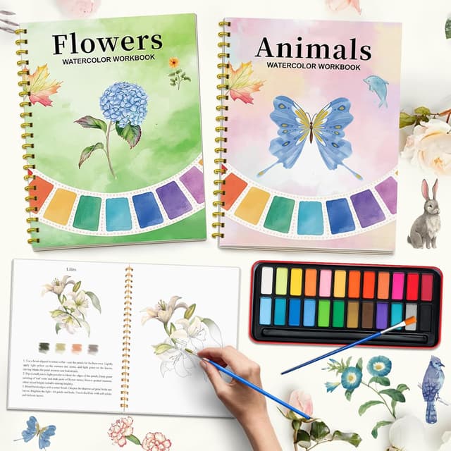 Detalle de Cbcmpica Watercolor Workbook & Beginner Painting Kit (Flowers & Animals, 24-Color Palette)