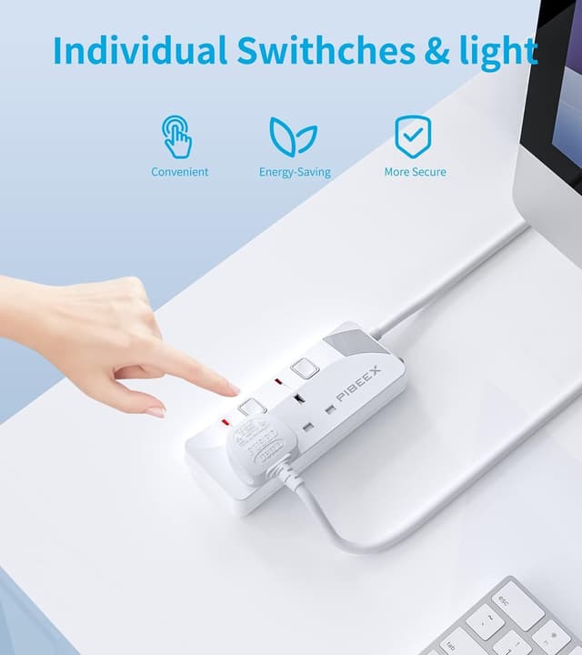 Detalle de PIBEEX Extension Lead 2 Way Plug Sockets with Individual Switches