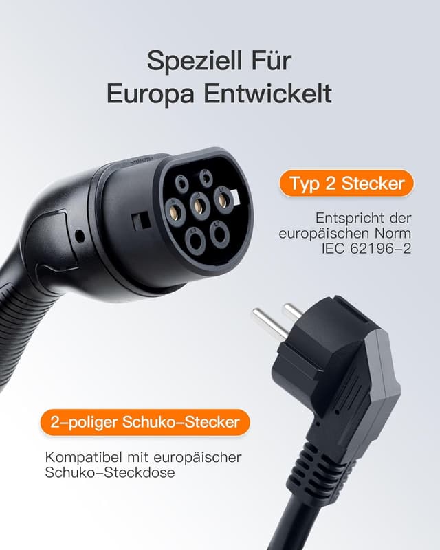 Detalle de tomons Typ 2 Ladekabel (Schuko) 3,68 kW, 16 A, 6 m – mit LED-Anzeige und zeitverzögertem Laden