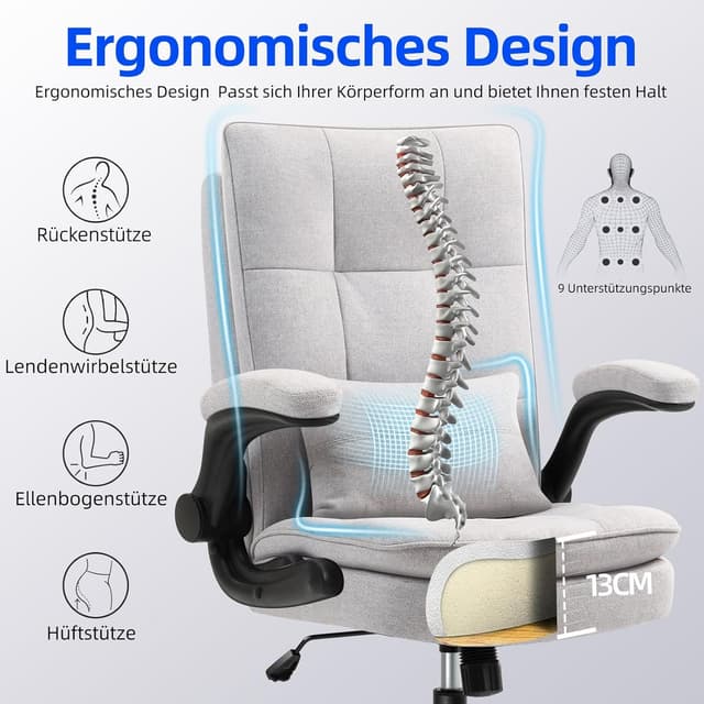 Detalle 2 de Asukale ergonomischer Bürostuhl mit hoher Rückenlehne, atmungsaktivem Stoff, 150-kg-Belastung und Wippfunktion (PC-Stuhl, grau)