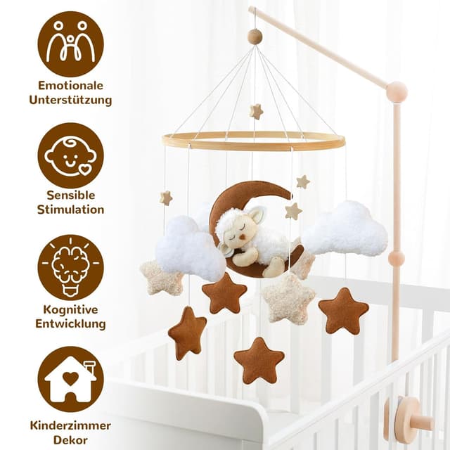 Detalle 2 de Ueiwffzo Mobile Baby „schlafendes Alpaka Mond“ mit Filz-Anhänger fürs Babybett