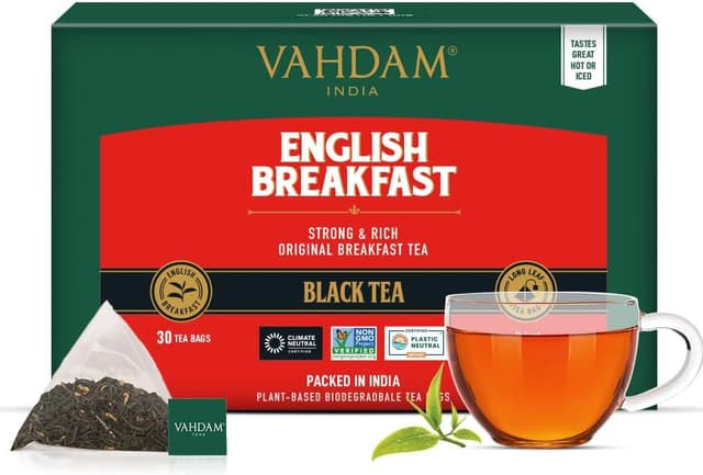 Detalle de VAHDAM Tè Nero English Breakfast in bustine piramidali (30 bustine) – forte e robusto, alta caffeina, senza glutine