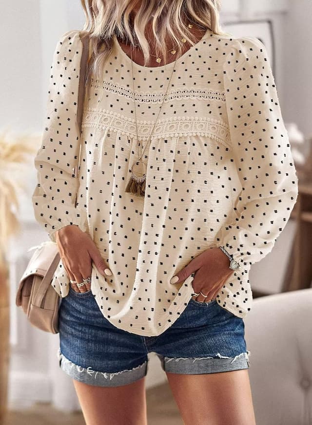 Detalle de TUUHAW Langarmshirt Damen Boho mit Rundhals & Häkelapplikation – lässige Tunika für Frühling bis Winter