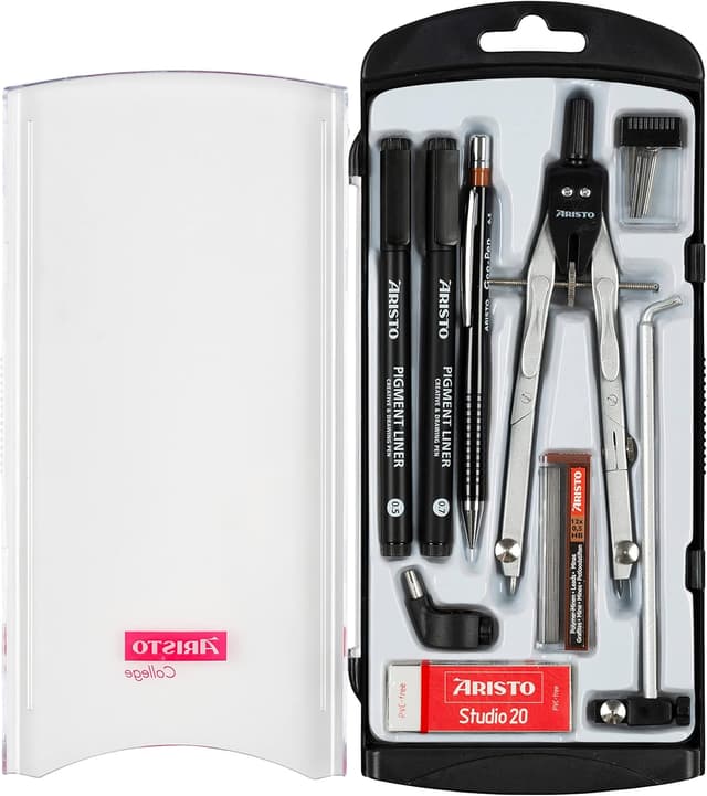 Detalle de Aristo AR80078 Schnellverstellzirkel-Schulset (9-teilig) silber-schwarz – Zirkel mit 2 Gelenken & Zubehör