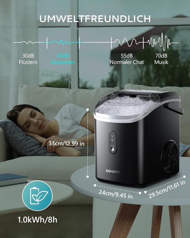 Detalle 2 de EUHOMY Eiswürfelmaschine (15 kg/24h) mit Crushed-Nuggets-Eis, Infrarot-Sensor & automatischer Reinigung