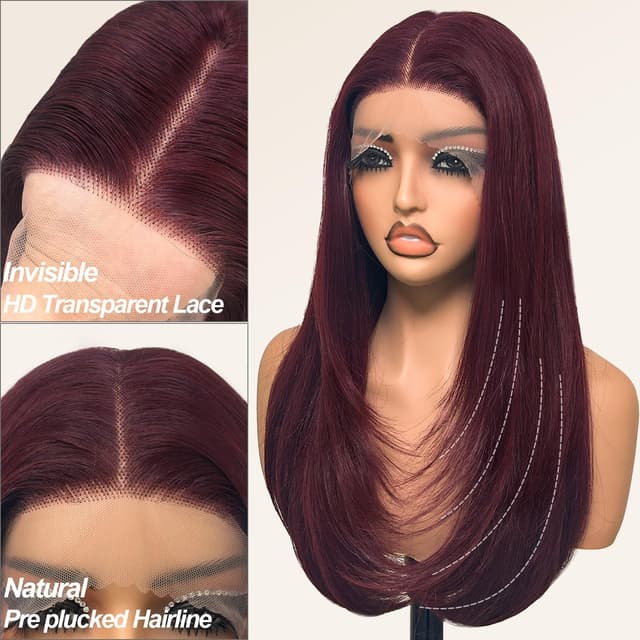 Detalle de Su Mei.s Glueless Synthetic Lace Front Wig, 26-Inch Straight Red (#99J Burgundy, 13x5x1 HD Lace, Hand-Tied)