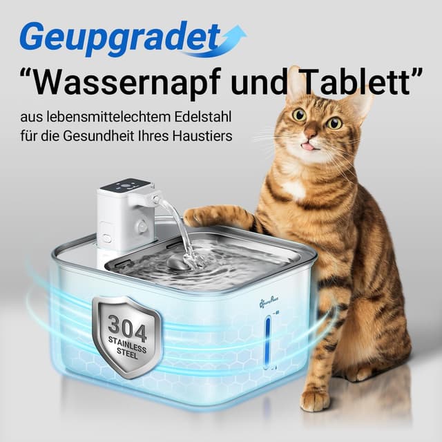 Detalle 2 de DownyPaws Katzenbrunnen Edelstahl kabellos mit Bewegungsmelder und Akku (Elfenbeinweiß)