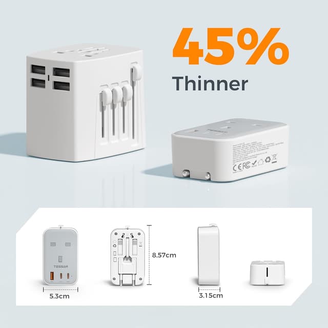 Detalle 2 de TESSAN UK to Universal Travel Adapter 20W (Type C/G/A/I) with 2 USB‑C + 1 USB‑A
