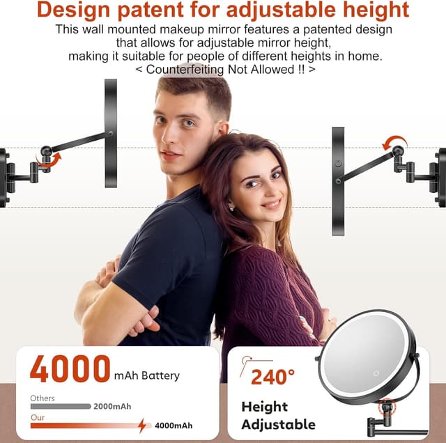 Detalle de ZLOKLA 9" Wall Mounted Lighted Makeup Mirror with 1X/20X Magnification, Rechargeable 4000mAh Battery, 3-Color Dimmable Lights