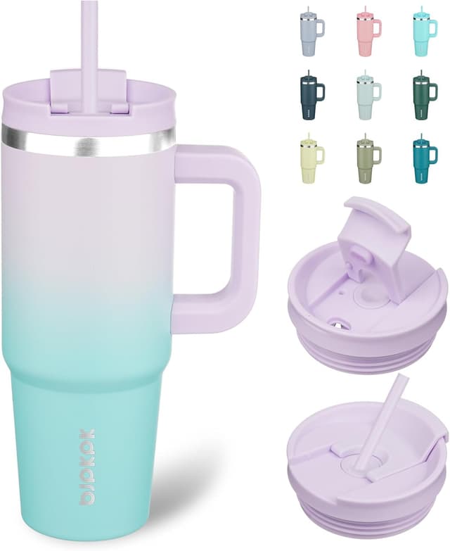 Detalle de BJPKPK 30 oz Stainless Steel Insulated Tumbler With Handle (Lavender Green) and Straw