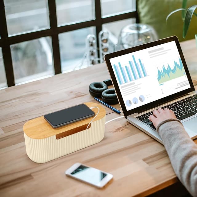 Detalle de CRROEL Cable Tidy Box with Bamboo Lid (Beige) for hiding power strips and desk cables