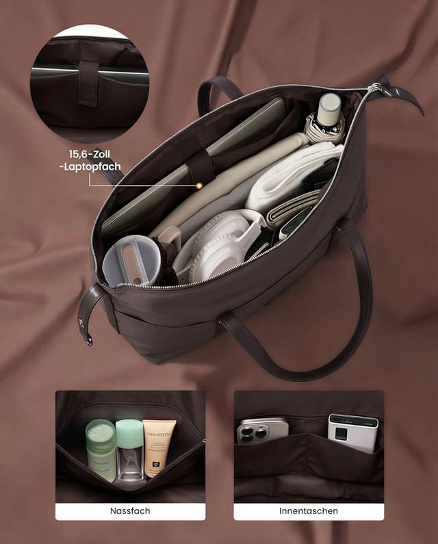 Detalle de LOVEVOOK Sporttasche Damen 25 l mit Schuhfach & Nassfach – 46 x 16,5 x 30 cm