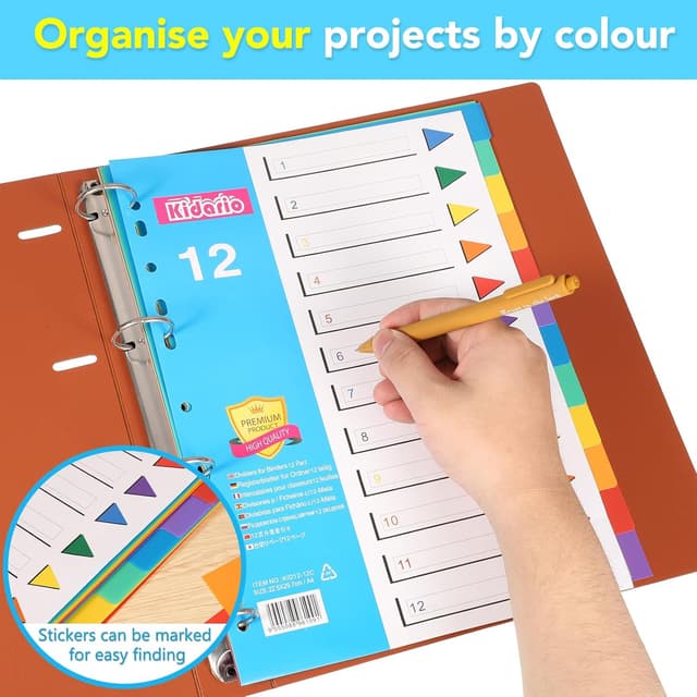 Detalle de A4 File Dividers 6 Pack (12-Part) Coloured Plastic Index Dividers with Sticky Notes for Ring Binders and Lever Arch Files