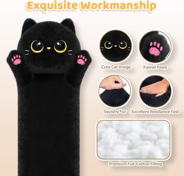 Detalle de Mewaii 44in long cat plush body pillow (Black Cat) for hugging, lounging and sleep