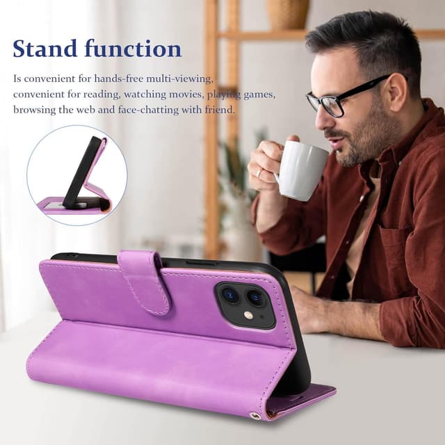 Detalle de GOTOURED Handyhülle für iPhone 11 – Klapphülle mit RFID-Blockierung, Kartenfächern, Magnetverschluss, Standfunktion & Handgelenksgurt (Lila)