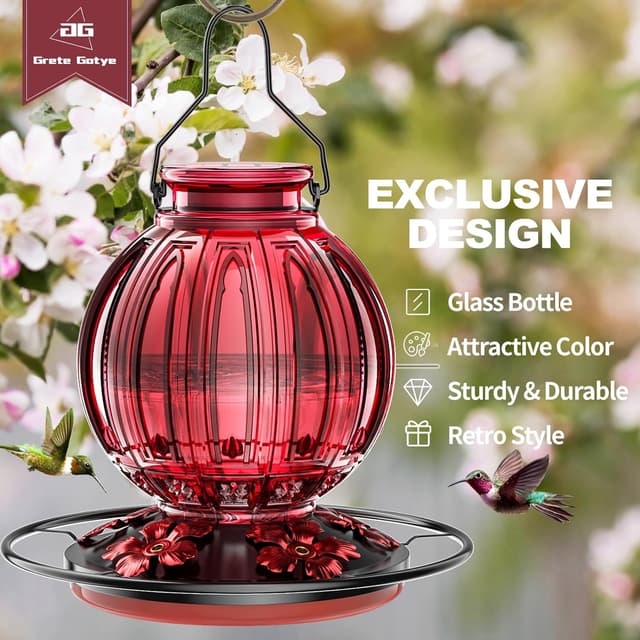 Detalle de Glass Hummingbird Feeder 26 oz Red Nectar