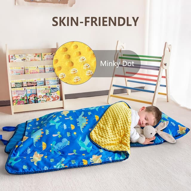 Detalle de Primlect Toddler Nap Mat with Removable Pillow and Fleece Blanket (55 x 22 Sleeping Bag) — Washable & Easy to Roll