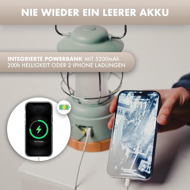 Detalle de NATURBUMMLER Campinglampe aufladbar mit Powerbank LUX Secure+ (IPX4) & dimmbar, 5200-mAh-Akku