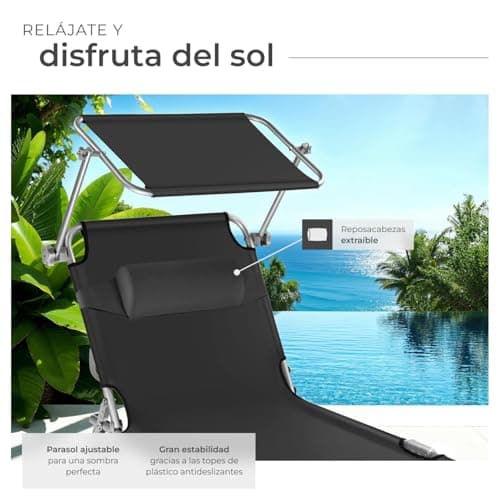 Detalle de tectake Set de 2 tumbonas de jardín plegables con parasol y respaldo regulable (110 kg máx., negro)