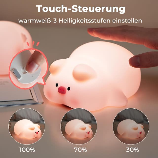 Detalle de Nachtlicht Kinder Schwein aus Silikon – dimmbares, touch- und akkubetriebenes Stilllicht für Baby & Kinder