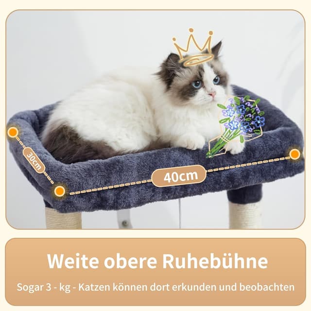 Detalle de Heybly Kratzbaum HCT008SG mit extra großem Katzenkorb, weichem Ruhebereich und 7 Sisal-Kratzsäulen (rauchgrau)