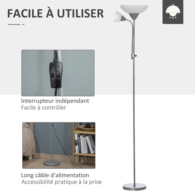 Detalle de HOMCOM Lampadaire sur pied argent et blanc avec 2 têtes E27/E14