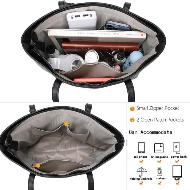 Detalle de MORGLOVE women’s soft faux leather large tote bag with zip (A4-capable) – black