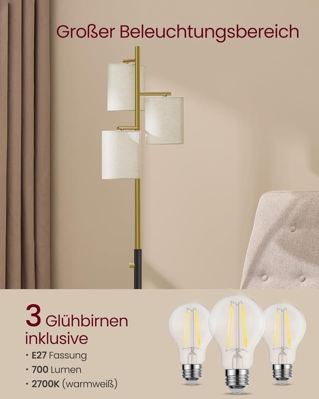 Detalle de VASAGLE Stehleuchte LFL003B02 mit 3 E27 Fassungen und stufenloser Helligkeitsregelung