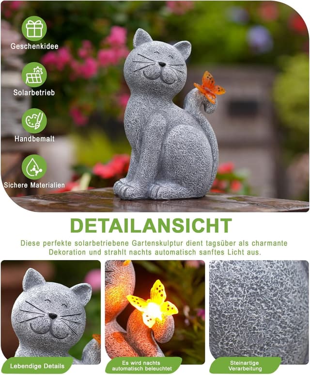Detalle de Yeomoo Katzenfigur mit Solar-Schmetterling aus Harz – Deko für Balkon, Garten & Wohnzimmer (grau)