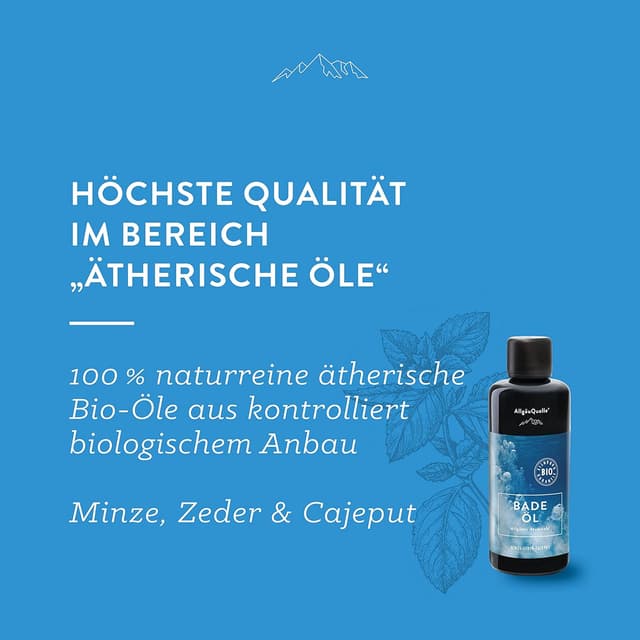 Detalle 2 de AllgäuQuelle® BIO-Badeöl „Allgäuer Atemwohl“ mit Bio-Ölen (Jojoba, Minze, Zeder, Cajeput) – 100 ml