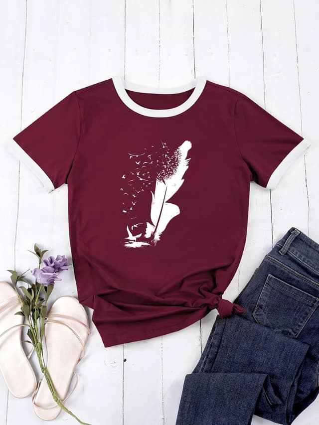 Detalle de Dresswel Women Peace Dove Feather Graphic Print T-Shirt (Crew Neck, Short Sleeve)
