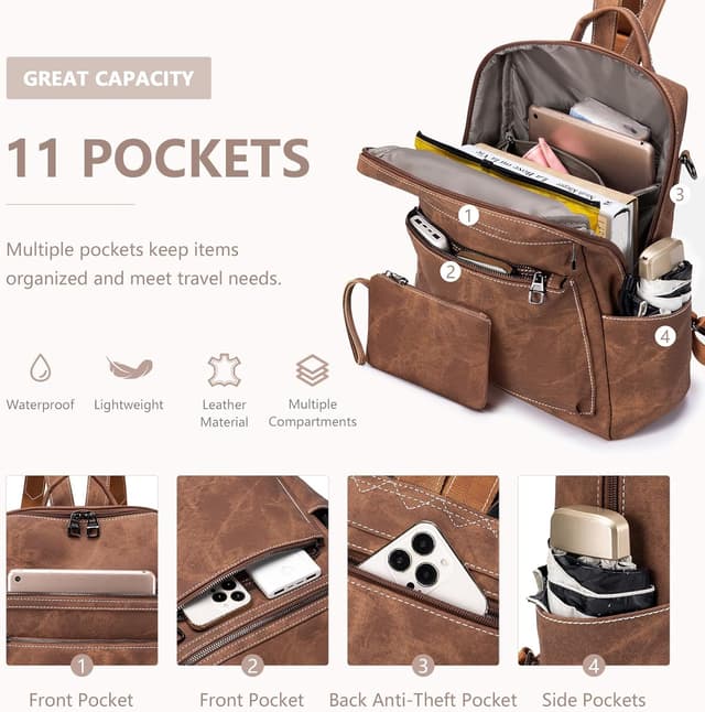 Detalle de SUCIKORIO Zaino Donna in Pelle elegante con borsa antifurto e tasche multiple, cuoio