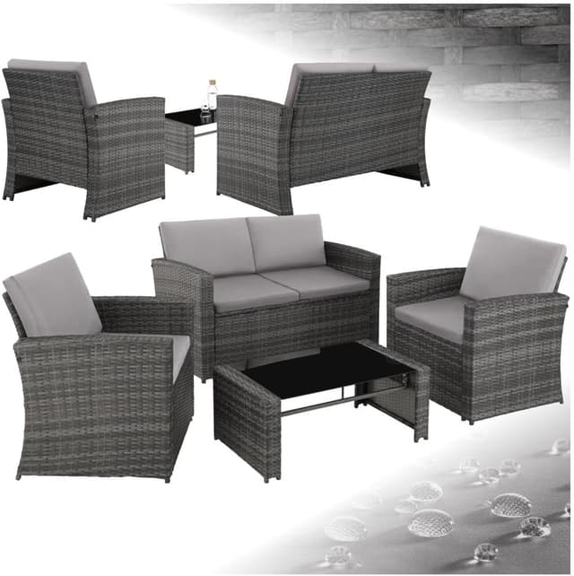Detalle de tectake Lounge Gartenmöbel-Set aus Poly-Rattan für den Garten/Balkon (12-teilig) – Essgruppe für 4 Personen, Grau/Hellgrau
