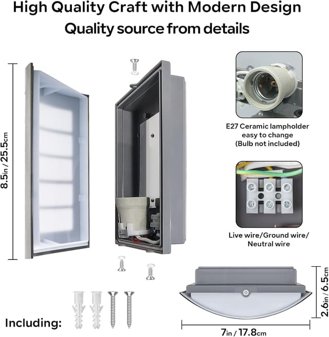 Detalle 2 de Kerry Wall Light outside front door lighting – IP44 mains powered E27 curved stainless steel sconce