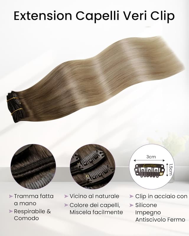 Detalle de LaaVoo Extension Capelli Veri Clip Balayage Marrone Chiaro–Biondo Cenere (Remy) 5 pz