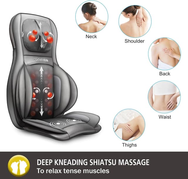 Detalle de COMFIER Shiatsu Back Massager with Heat – portable back massage chair cushion (dark grey)