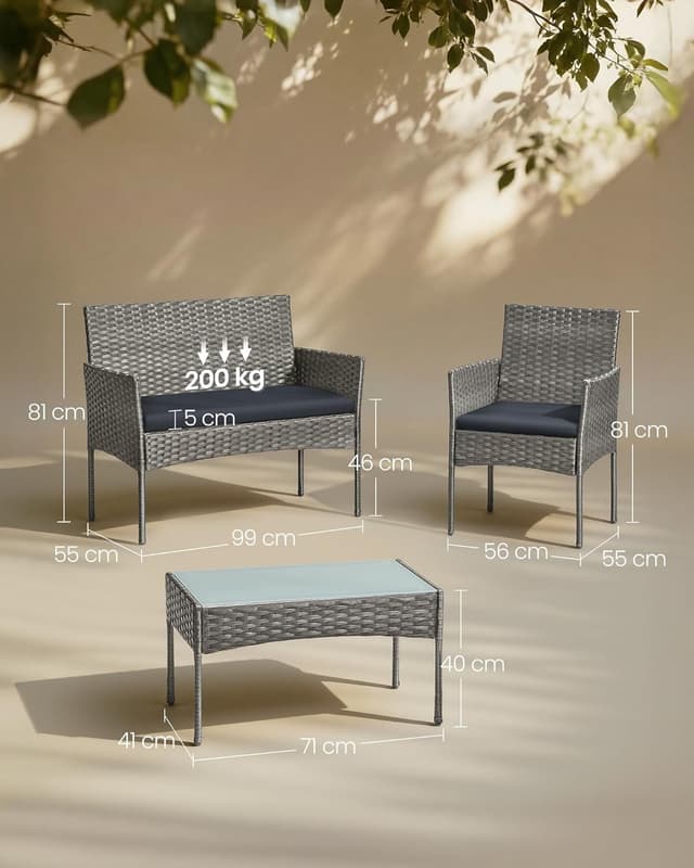 Thumbnail 6 de SONGMICS Gartenmöbel-Set 4-teilig (Gartenmöbel aus PE-Polyrattan) mit Tisch, 2 Stühlen und 2-Sitzer-Bank – grau GGF004TZ01