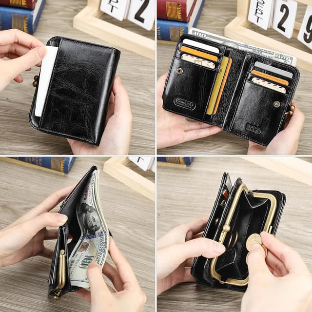 Detalle 2 de CONTACTS women’s RFID blocking slim wallet with kiss lock coin purse – genuine leather compact bifold (black)