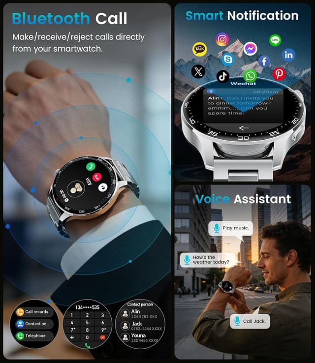 Detalle de Montre connectée homme 1,7" avec appel Bluetooth et grand écran HD, argentée