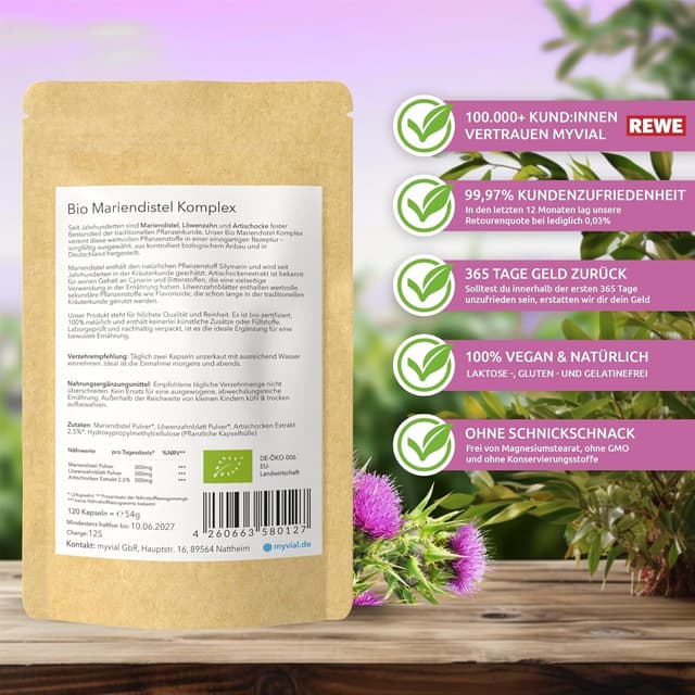Detalle de Bio Mariendistel Komplex Kapseln – Mariendistel, Artischocke & Löwenzahn (120 vegane Kapseln)