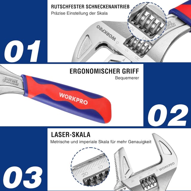 Detalle de WORKPRO 2-in-1 verstellbarer Schraubenschlüssel & Rohrzange/Rollgabelschlüssel (Chrom-Vanadium), 200 mm, max. 42 mm Maulweite