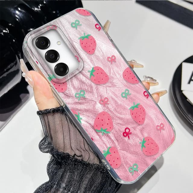 Detalle de Tedyhulle Hülle für Samsung Galaxy A15 4G/5G mit rosa Erdbeer-Schleife – dünne TPU/PC Schutzhülle