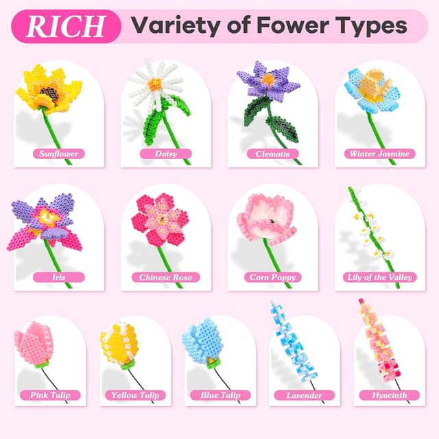 Detalle 2 de WEVOL Bügelperlen Bastelset Blumen mit 4.300 Steckperlen (5 mm), 16 Farben, 14 Vorlagen & Aufbewahrungsbox