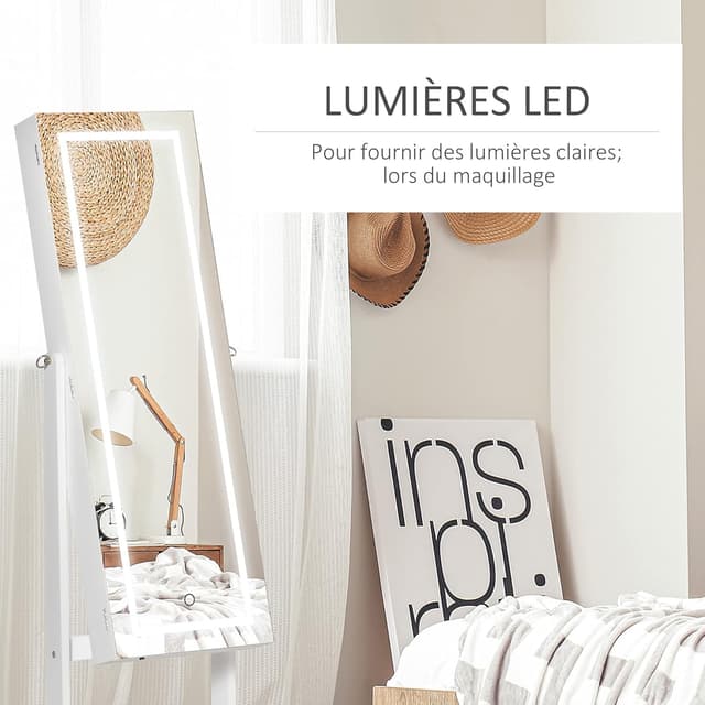 Detalle de HOMCOM armoire à bijoux LED sur pied avec miroir et écran tactile blanc