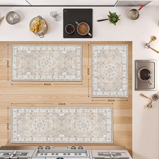 Thumbnail 3 de 3-piece washable kitchen rug set Beige 🏡