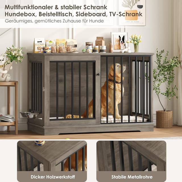 Detalle 2 de FirFurd Hundekäfig Möbel 120 cm breit – Hundebox aus Metall und Holz, inkl. Schiebetüren (120 x 90 x 60 cm)