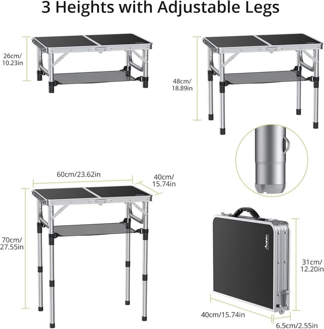 Detalle de Anbte Folding Camping Table with Storage Net (3 adjustable heights) – black, portable outdoor picnic table