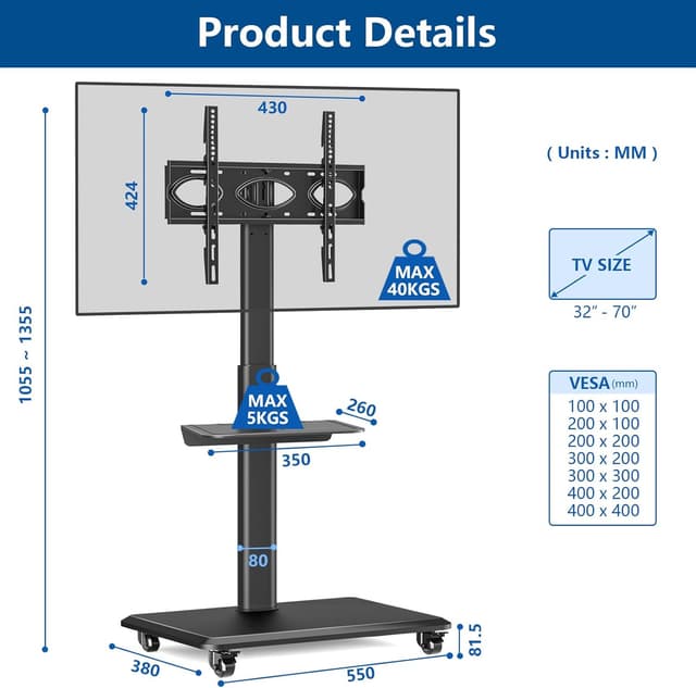 Thumbnail 5 de RFIVER TV Rollwagen Höhenverstellbar 26–70 Zoll